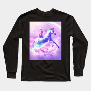 Kitty Cat Riding On Flying Unicorn With Rainbow Long Sleeve T-Shirt